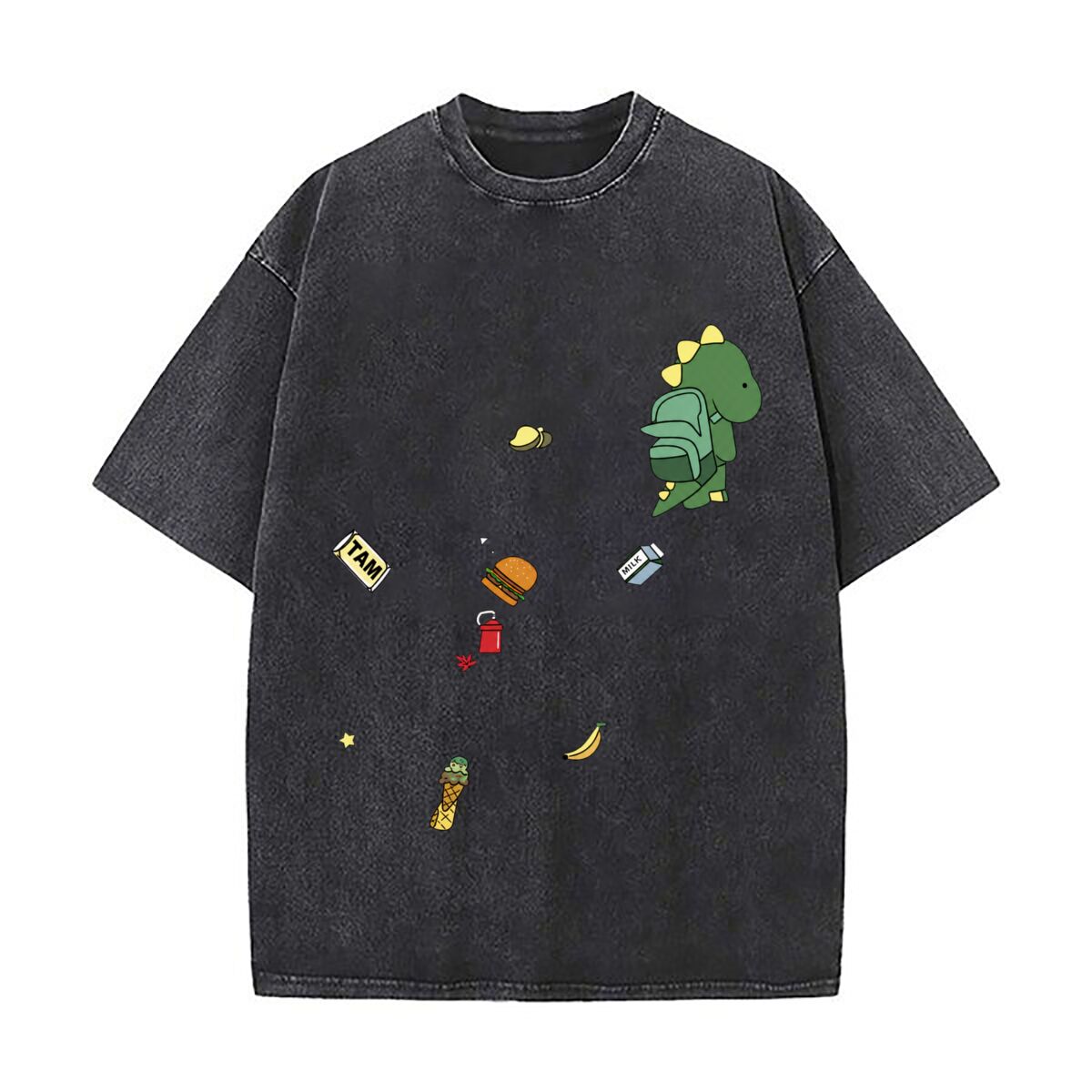 Food City Snacks - かわいい恐竜のバックパック、スナック、落書きイラスト、ウォッシュ加工、ダメージ加工、ルーズフィットのストリートウェアトップス、街歩きに最適