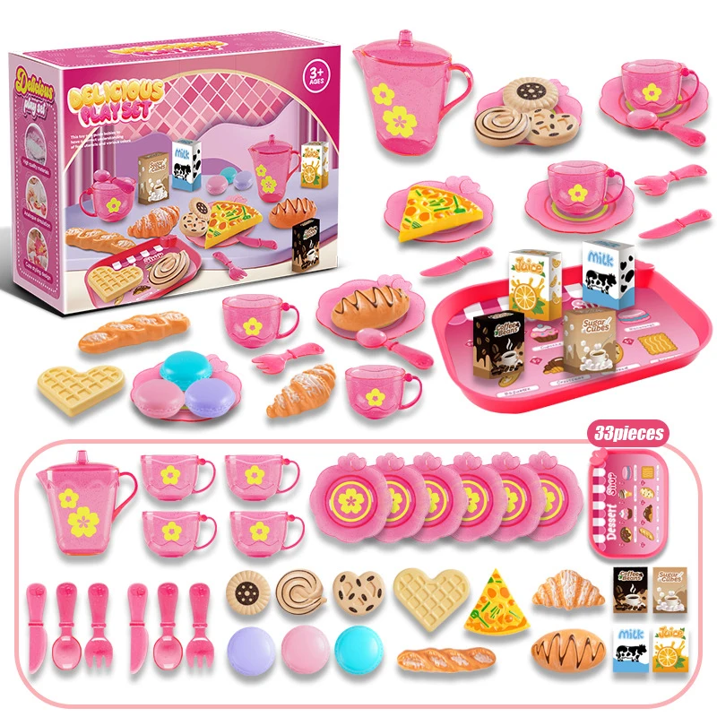 Food Snacks For Kids Party - 女の子向けおもちゃティーセット、ティーパーティーセット、子供向けおもちゃ、女の子向けごっこ遊びキッチンフード、ミニチュアスナック、アフタヌーンティーセットおもちゃ
