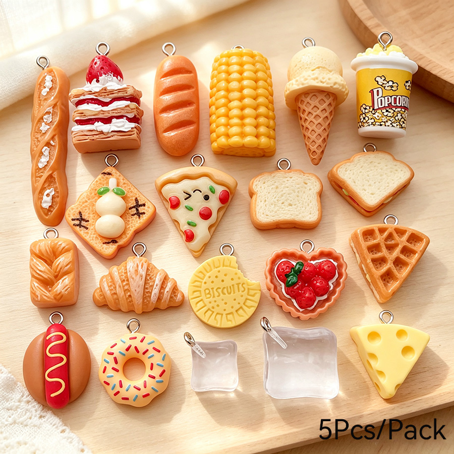 Food Zinc - 模擬樹脂製フードペンダントアクセサリー5個入り/パック、ジュエリー製作、パン、ケーキ、アイスクリーム、DIYキーホルダー、ネックレス、吊り下げ飾り用