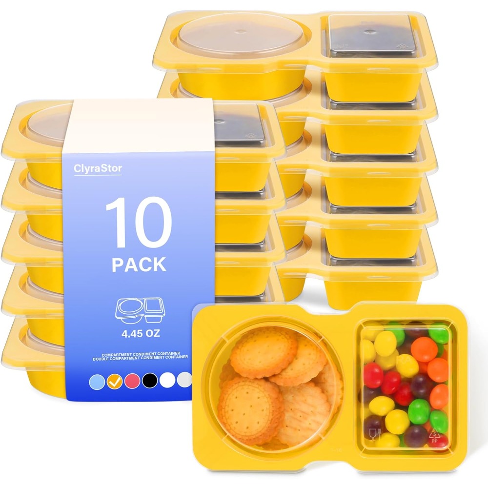 Food Snacks For Kids Party - 2つのコンパートメントに分かれた使い捨てプラスチック製スナック容器（蓋付き）、10個入り黄色い食品保存容器（ソース、サラダ、調味料、ディップ、ドレッシング、ランチ、食事の準備、食事量管理、子供のおやつ、パーティー、ピクニック、旅行用）